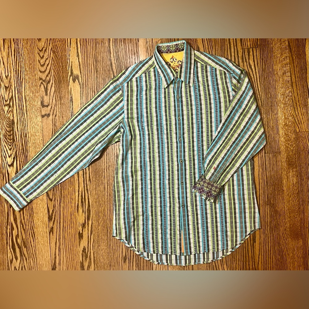 Robert Graham Long Sleeve Shirt Mens Medium Flip Cuff Stripe Silk Floral Trim